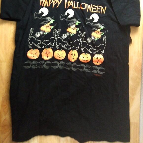 Vintage 90s Happy Halloween Witch Pumpkin Bat Cat T-Shirt Glow In The Dark - Picture 2 of 9